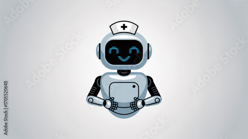 A friendly robot nurse with a nurse hat, offering healthcare assistance with a cheerful expression and folded hands