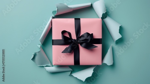 Elegant pink gift box with black ribbon amidst torn blue paper unveiling surprise