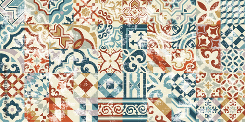 Encaustic cement hydraulic tiles patchwork wallpaper vector seamless pattern for fabric cloth rug carpet pillow tablecloth grunge effect in separate layer