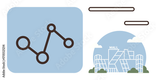 Stylized growth graph on blue background, next to futuristic shopping mall facade. Ideal for retail marketing, business development, technology, consumer trends, innovation, urban planning