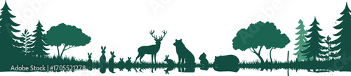Wildlife forest silhouette scene, deer, bear, rabbits, trees, nature landscape, animal shadows, woodland wildlife, outdoor animals vector illustration
