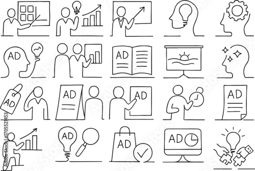 A hand drawn set of medical and business icons with doodle and vector design