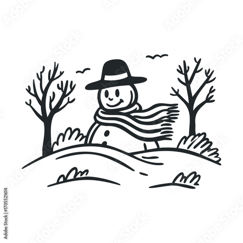 Snowman with scarf and hat in winter landscape with trees. Vector illustration