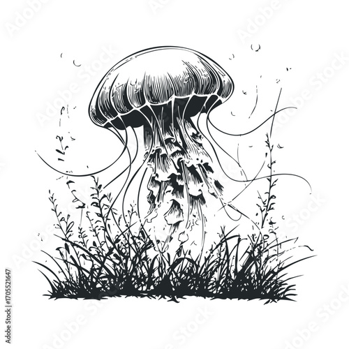 Ocean life concept featuring a jellyfish among aquatic plants. Vector illustration