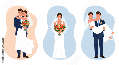 Happy married couple and their a man and a woman with a gift on their wedding day illustration