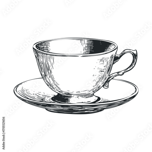 Vintage tea cup and saucer for elegant dining or decoration. Vector illustration