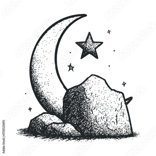 Celestial night sky theme with crescent moon and rocky landscape. Vector illustration