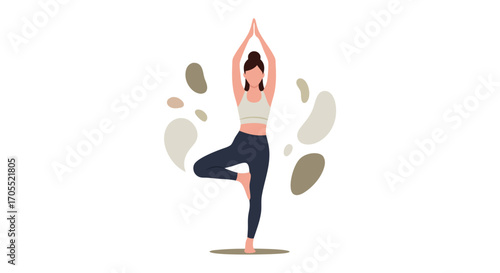 Woman performs tree yoga pose illustration for exercise fitness and healthy lifestyle