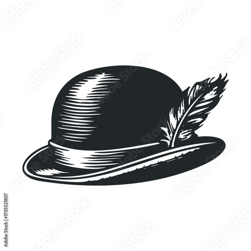 Classic bowler hat with feather detail for vintage style. Vector illustration