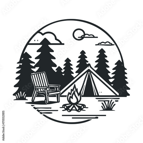 Camping trip in the woods with a campfire under the moonlight. Vector illustration