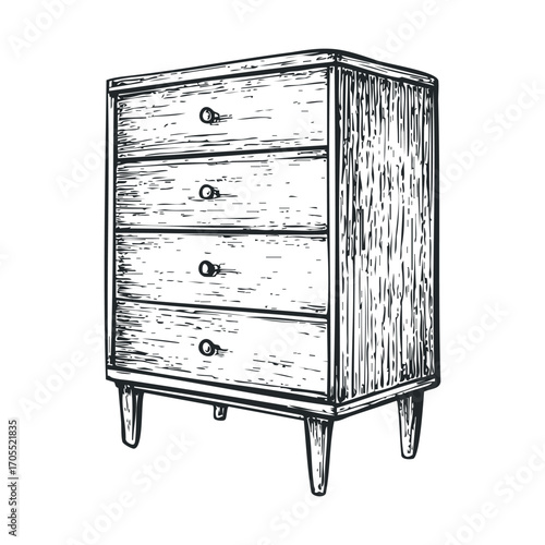 Wooden dresser with four drawers for home decor and storage solutions. Vector illustration