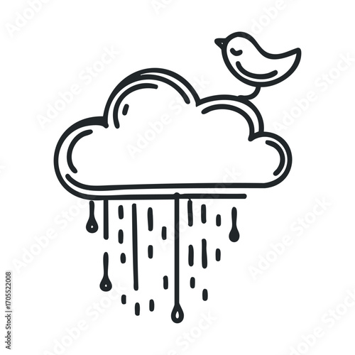 Bird resting on cloud with raindrops for rainy day design ideas. Vector illustration