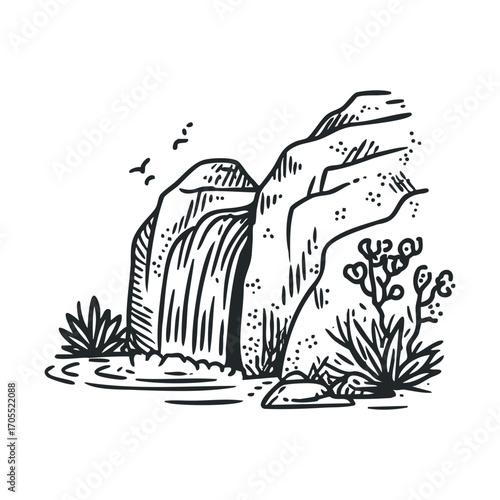 Waterfall with rocks and vegetation in a natural landscape design. Vector illustration
