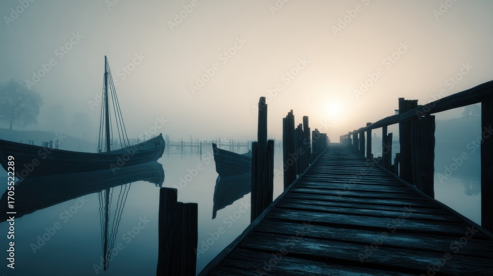 Obraz premium Serene foggy morning at a wooden pier with boats reflecting on still water, evoking tranquility and solitude
