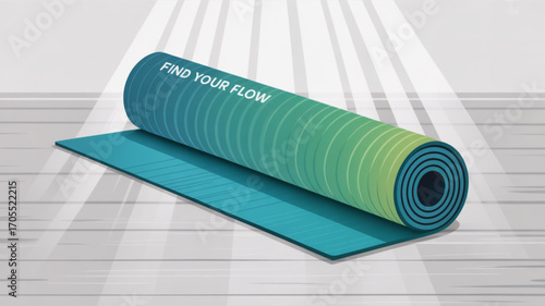 Rolled up yoga mat with find your flow text on it, exercise and relaxation concept, fitness and wellness