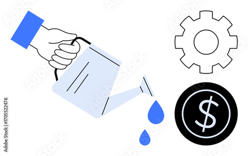 Hand watering with watering can, drops falling while gear and dollar coin represent investment, growth, productivity, finance, innovation, savings, and progress. Simple flat metaphor