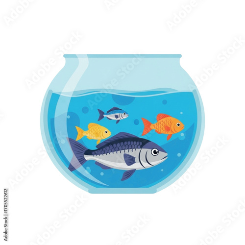 Fish swimming in a round fishbowl with blue water.