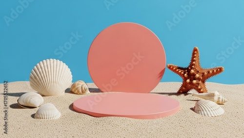 Seashells starfish summer beach pink display stand product presentation mock up