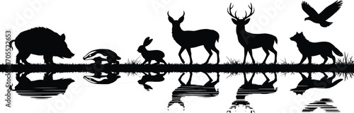 Wildlife silhouettes reflected in water, wild boar, badger, rabbit, deer, flying bird, wolf, nature scene, black and white art, peaceful landscape