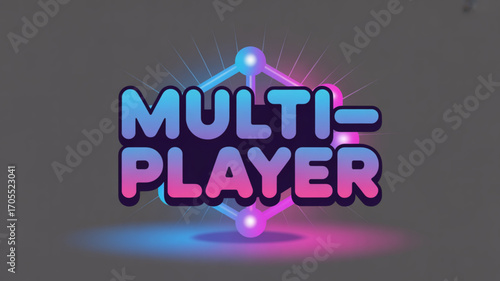 Multiplayer text with neon light effect on a gray background, representing gaming, competition, and social interaction in vibrant colors