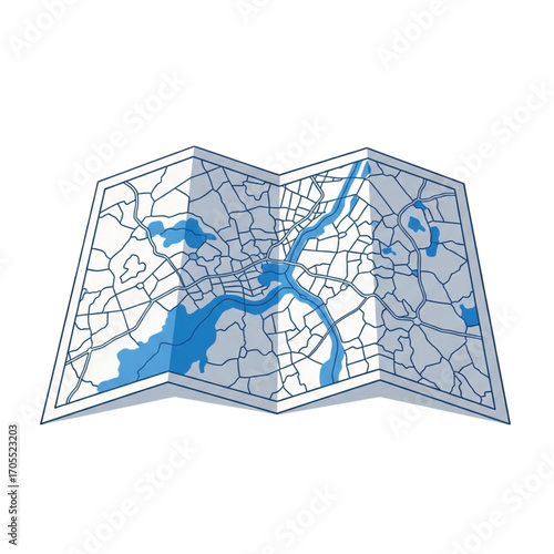 Folded City Map With Blue Waterways and Streets.