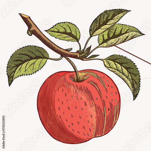 Vintage Apple with Branch and Leaves - Botanical Vector Illustration