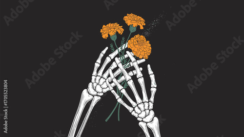 Skeleton hands holding orange marigold flowers against a dark background in a graphic illustration