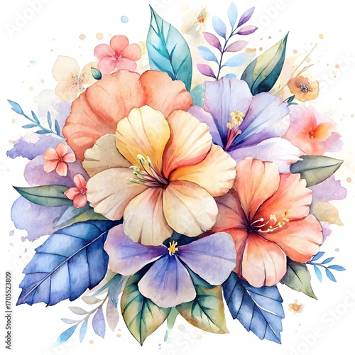 Wallpaper Mural Vibrant watercolor bouquet of colorful tropical flowers. An artistic summer floral illustration. A beautiful hand-painted arrangement with hibiscus and other exotic blooms. Torontodigital.ca