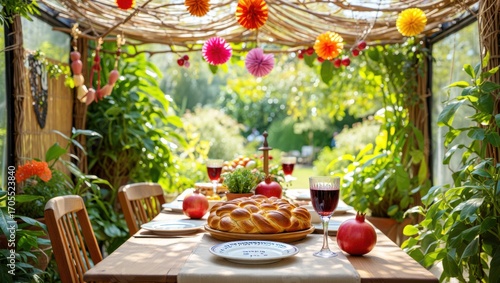Beautiful sukkah under sunny garden, wooden table set with braided challah, pomegranates, and wine glasses, surrounded by vivid greenery and colorful hanging decorations