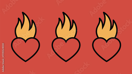 Three hearts with flames above them arranged horizontally on a red background in a simple cartoon style