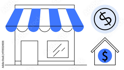 Storefront with striped awning and window, dollar icon inside house, and circular dollar icon. Ideal for business, retail, investment, finance, startup, economic growth simple flat metaphor