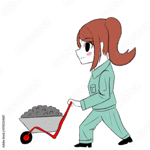 石を運んでいる作業員の女の子