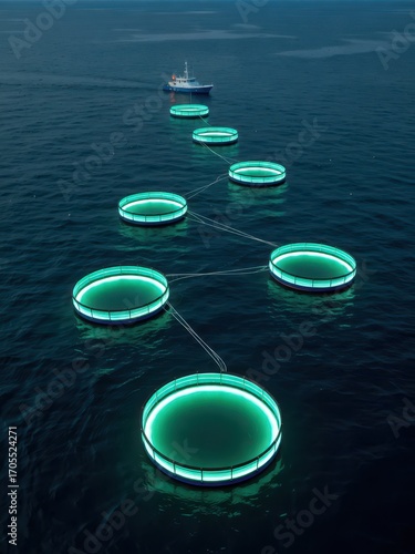Innovative aquaculture technology ocean waters aerial view futuristic environment sustainable farming concept