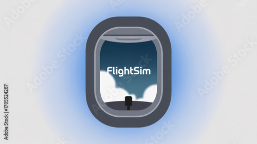 Flight simulator logo featuring an airplane window view with clouds and the cockpit, creating a sense of adventure and virtual aviation
