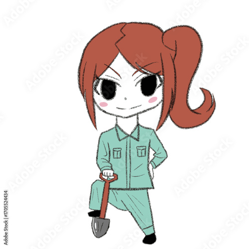シャベルを持っている作業員の女の子