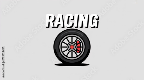 A stylized illustration of a car wheel with the word racing above it