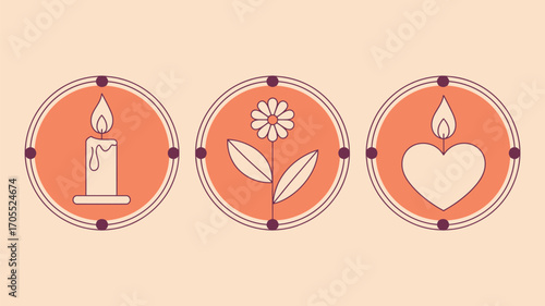 Three circular icons featuring a candle, a flower, and a heart shaped candle flame design element set
