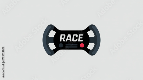 An illustration of a steering wheel with the word race on it, the design is simple and modern