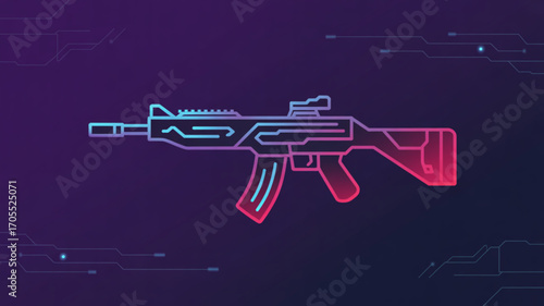 Futuristic assault rifle with neon outlines on a dark purple background, creating a modern and dynamic design for gaming or technology concepts