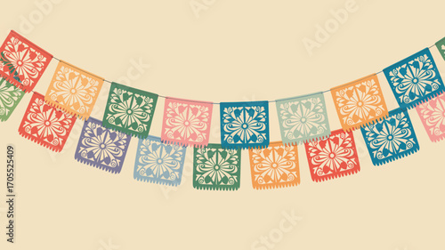 A string of colorful papel picado banners with floral designs hanging against a beige background above