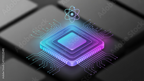 Quantum computing processor with atom symbol hovering above, showcasing the futuristic technology and potential of advanced computation