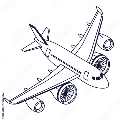 Illustration of a modern airplane the plane is drawn in a simple, clean style, with bold outlines and minimal detail, giving it a contemporary look