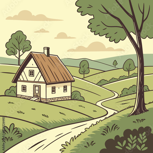 Illustration of a house in a rural landscape with a winding path, trees, and rolling hills, representing countryside living and nature