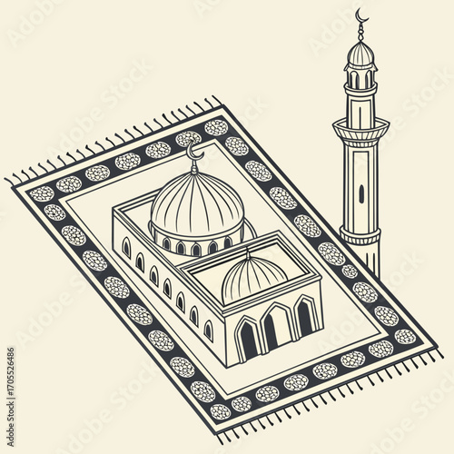 Illustration of a mosque and minaret on a prayer rug, creating a serene and spiritual atmosphere perfect for ramadan designs