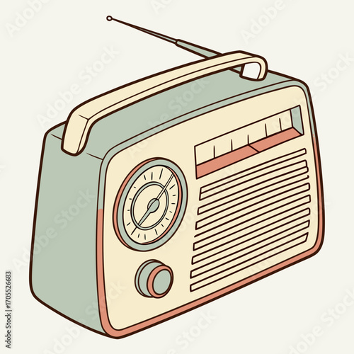 Illustration of a retro radio, capturing its vintage charm and iconic design, reminiscent of the golden era of broadcasting and music