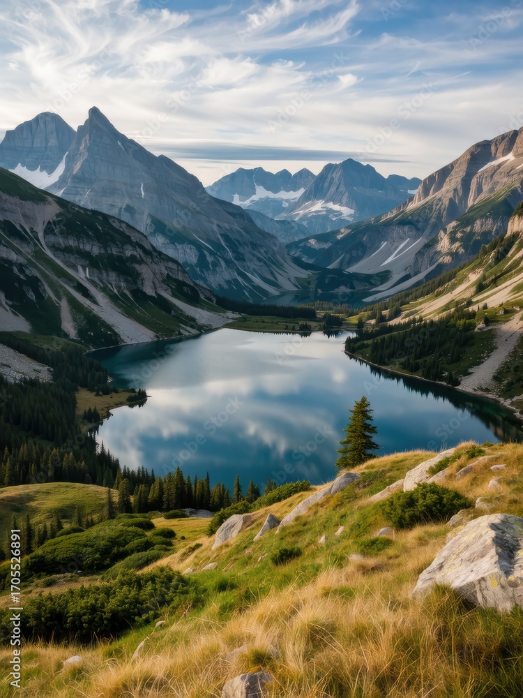 Obraz premium Breathtaking mountain lake exploration rocky mountains landscape photography serene environment aerial view nature's beauty