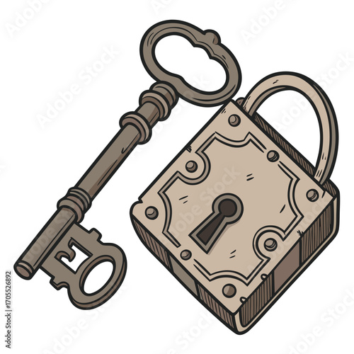 Illustration of a vintage padlock and key this classic design features a square lock and an oldfashioned key, perfect for adding a touch of nostalgia to any project