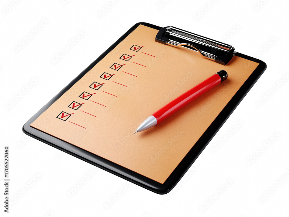 Naklejka premium Single clipboard with checklist and pen on a surface with shallow depth of field creating a blurred background for a professional look isolate on transparent background