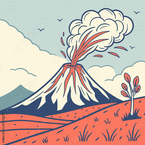 Illustration of a volcano erupting in a scenic landscape, capturing the dynamic interplay between geological activity and natural beauty a vibrant depiction of earths power