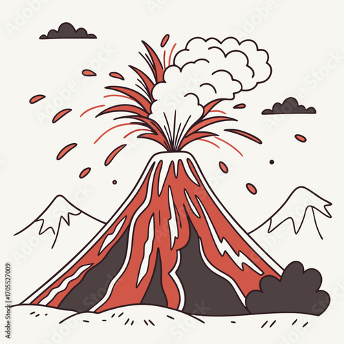 Illustration of a volcano erupting with lava and smoke, showcasing the raw power and beauty of nature, a dramatic depiction of geological forces